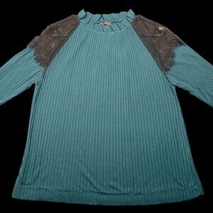 Zara W&B Teal Ribbed Long Sleeve Lace Accent Womens Top Size L Made In Portugal